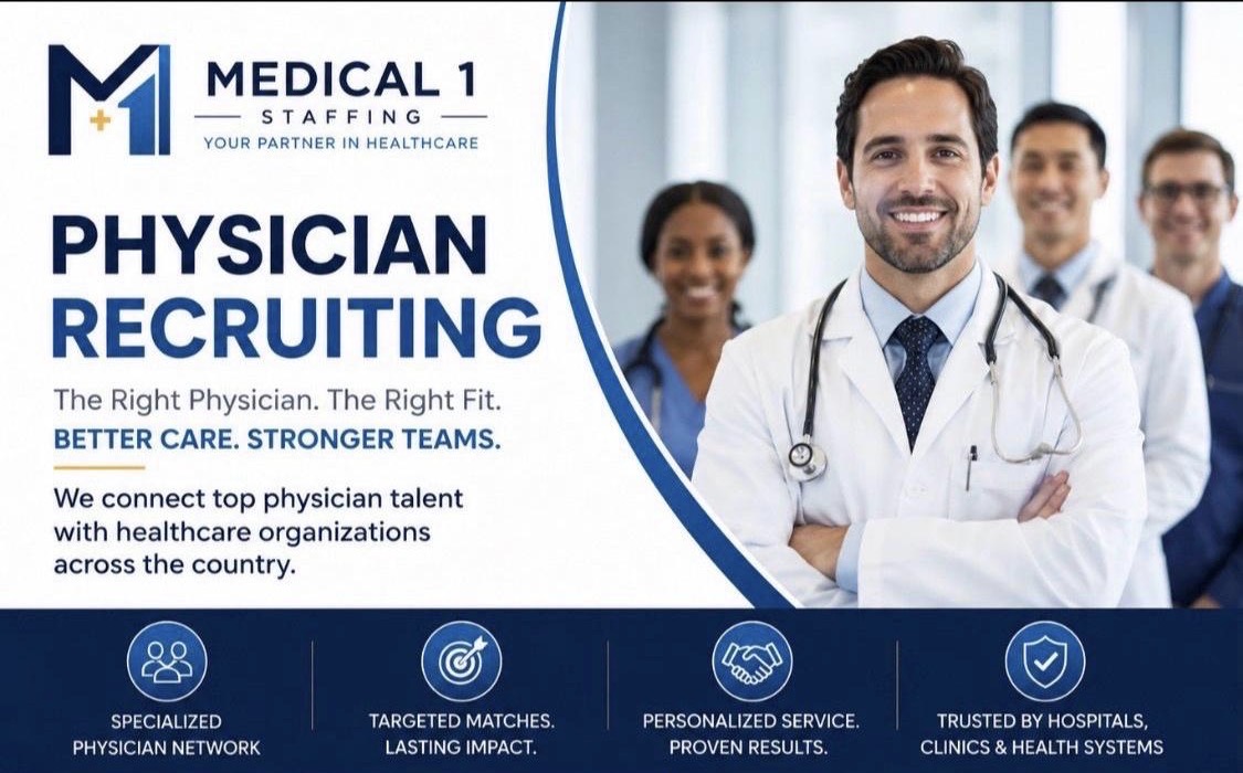 Medical1 Staffing physician recruiting: The right physician. The right fit. Healthcare professionals pictured.